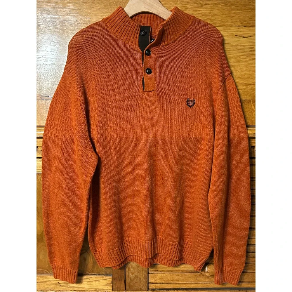 Chaps Preppy Gorpcore Fall Orange Cotton Mock Neck Henley Sweater Elbow Patches